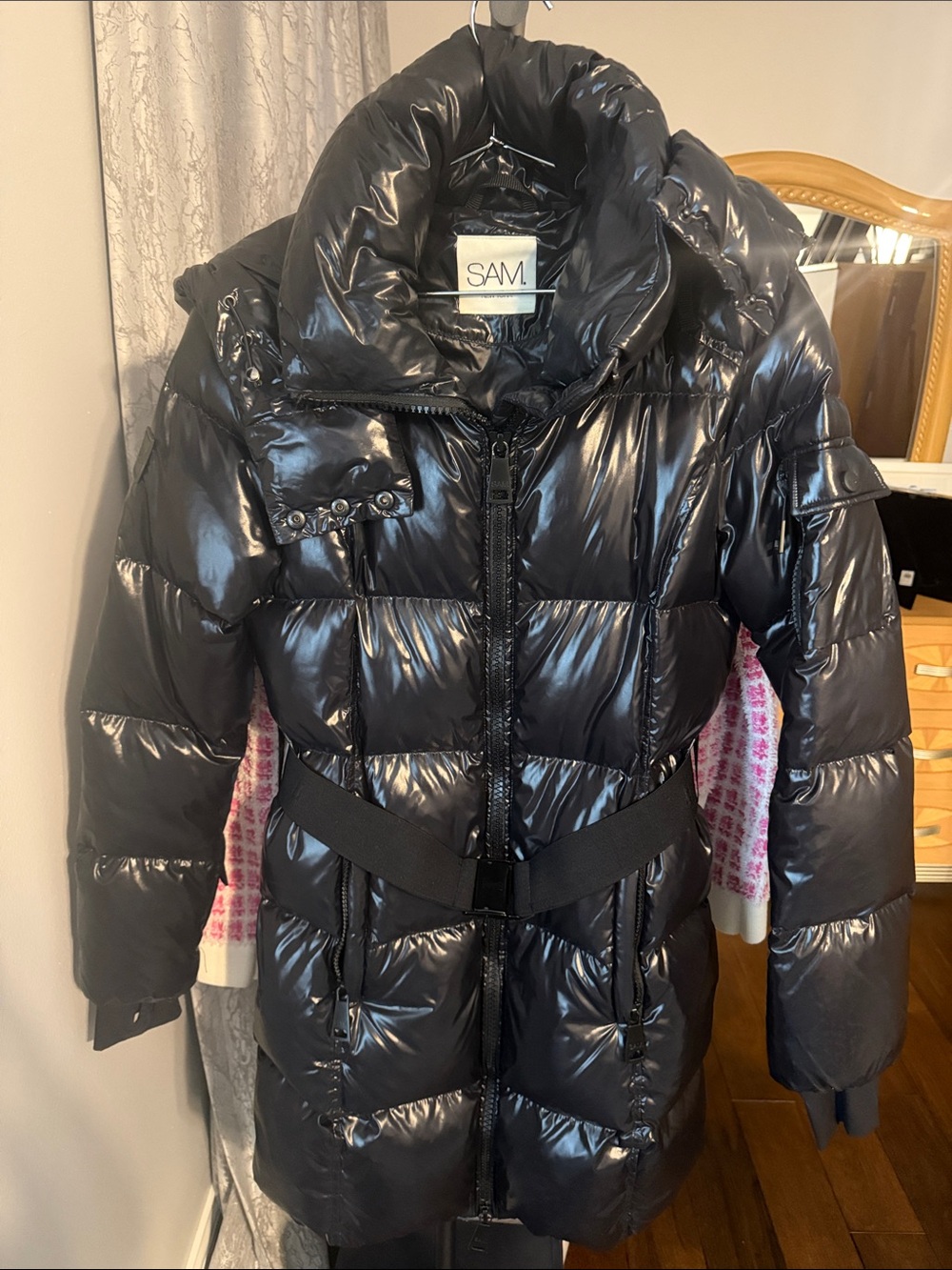 SAM. Shiny Black Quilted Belted Puffer Coat